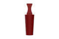 A side on view of a 3D modelled, pink Silicone plug with pull handle and a hollow, ribbed body.