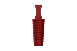 A side on view of a 3D modelled, pink Silicone plug with pull handle and a hollow, ribbed body.