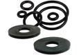 Collection of black rubber washers and black rubber o-rings, various sizes.