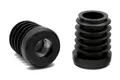 Two black plastic round tube inserts, with a metal threaded hole. One standing up and the other on its side showing the threaded hole.