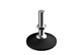 Angled view of a 3D modelled adjustable foot. Black base and metal threaded stud and hex nut.