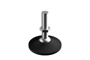 Angled view of a 3D modelled adjustable foot. Black base and metal threaded stud and hex nut.