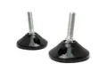 Two tilt and glide adjustable feet. Black plastic bases with mounting holes and metal threaded stud.