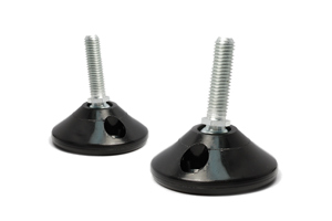 Two tilt and glide adjustable feet. Black plastic bases with mounting holes and metal threaded stud.