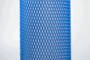 Heavy Duty, blue plastic protective netting, stretched over a tube.