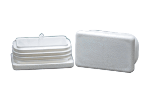 Two white plastic rectangular tube inserts. One standing up and one on its side.