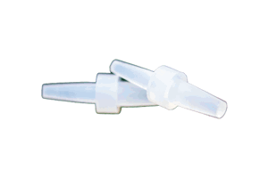 Two natural coloured silicone plugs. Tapered on both ends with a flat section in the middle.