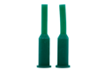 Two green silicone plugs. With a tapered step in the middle and a small flange at the larger end.
