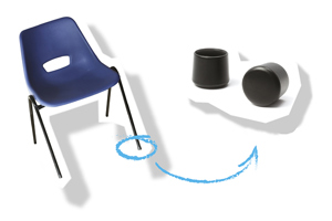 Blue school chair beside a close up of the plastic ferrules used as chair feet.