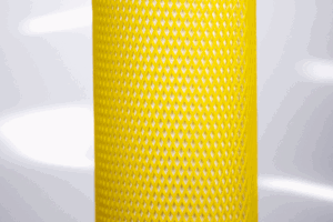 Heavy Duty, yellow plastic protective netting, stretched over a tube.