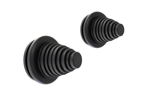 Pair of black rubber stepped gromets made from rubber on white background.