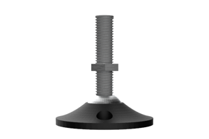 Side view of 3D modelled tilt and glide foot. Showing mounting hole on the base and metal threaded stud.