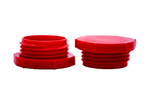 Two red plastic UNF threaded plugs. Both standing on opposite ends.