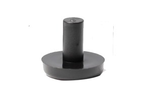 Close up of black plastic stacking chair buffer component.
