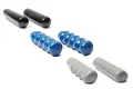 Angled view of six various plastic grips. Two are black with straight sides, two are blue and convoluted, and two are grey and finger-nubbed.