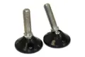 Angled view of 2 Tilt and Glide Adjustable feet. Black plastic bases with mounting holes and metal threaded studs