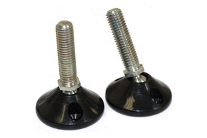 Angled view of 2 Tilt and Glide Adjustable feet. Black plastic bases with mounting holes and metal threaded studs