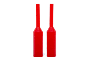 Two red silicone plugs. With a tapered step in the middle.