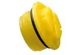 A Yellow plastic BSP threaded plugs with rubber sealing O-Ring. At an angle.