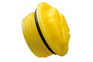 A Yellow plastic BSP threaded plugs with rubber sealing O-Ring. At an angle.