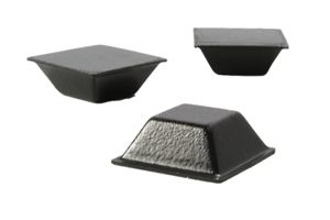Three square self adhesive rubber feet at different angles.
