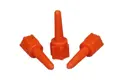 Three orange plastic collar plugs at different angles.