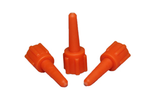 Three orange plastic collar plugs at different angles.