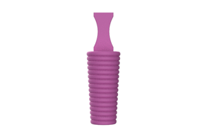 A side on view of a 3D modelled, pink Silicone plug with pull handle and a hollow, ribbed body.