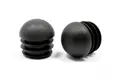 Two black plastic round tube inserts with a domed top. One standing up and one on its side.
