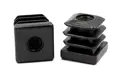 Two black plastic square tube inserts, with a threaded hole. One standing up and the other on its side showing the threaded hole.
