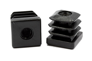 Two black plastic square tube inserts, with a threaded hole. One standing up and the other on its side showing the threaded hole.