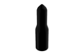 Angled front-top view of a round, black, flexible PVC dip moulded pull-tab cap.
