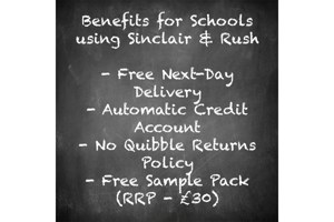 Blackboard design with chalk writing listing the benefits for schools to use Sinclair & Rush.