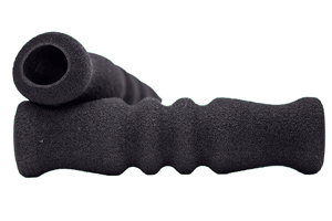 Side view of two stacked black textured finish foam extrusion moulded grips with two curved grooves in the middle and slightly flanged ends.