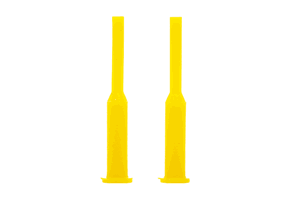 Two yellow silicone plugs. With a tapered step in the middle and a small flange at the larger end.