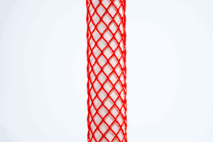 Heavy Duty, red plastic protective netting, stretched over a tube.