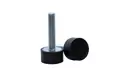 Side view of two adjustable feet, one standing up, one on it's side. Black rubber base and metal threaded stud.