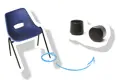 Blue school chair with arrow showing the plastic foot that fits into it