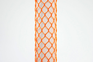 Orange plastic protective netting, stretched over a tube.