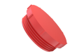 An angled view of a 3D modelled red plastic UNF Threaded plug.