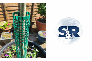A young tree in a garden. With a plastic tree guard around the tree. The Sinclair & Rush logo next to the image.