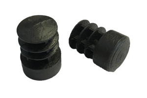 Angled view of two thick, robust, round black plastic injection moulded tube insert feet.