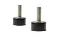 Side view of two adjustable feet. Black rubber base and metal threaded stud.