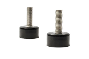 Side view of two adjustable feet. Black rubber base and metal threaded stud.