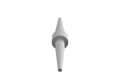 An angled view of a 3D modelled, white silicone plug. Tapered on both ends with a flat section in the middle.
