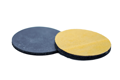 Two black, self adhesive rubber discs. One showing the rubber face and the other showing the adhesive backing.