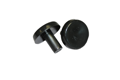 Two Black, plastic stacking chair buffers. Showing both the locating peg and the flat base.