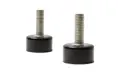 Side view of two adjustable feet. Black rubber base and metal threaded stud.