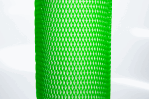 Heavy Duty, green plastic protective netting, stretched over a tube.
