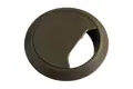 Black plastic desk grommet for cable management.